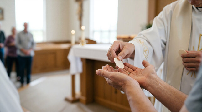 First communion ceremony with priest distributing Eucharist to parishioner during sacred service in church. Spiritual moment emphasizes faith and community gathering.