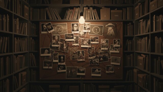 Cork board with polaroid photos of aliens and flying saucer in dark library. Investigation of paranormal activity and extraterrestrial life. Secret mystery case file board concept.