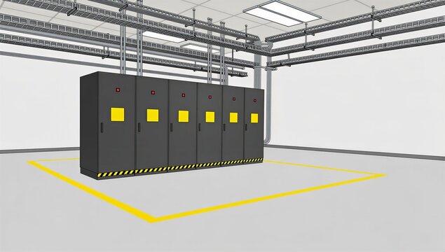 Detailed illustration electrical room with arc flash boundary safety lines and switchgear cabinets training