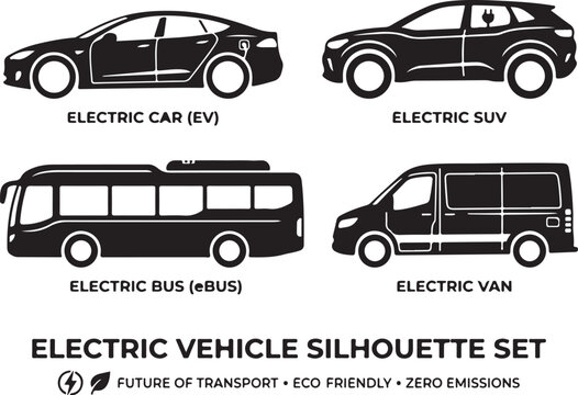 Electric vehicle silhouettes, eco friendly transport icons, EV car bus SUV van vector set