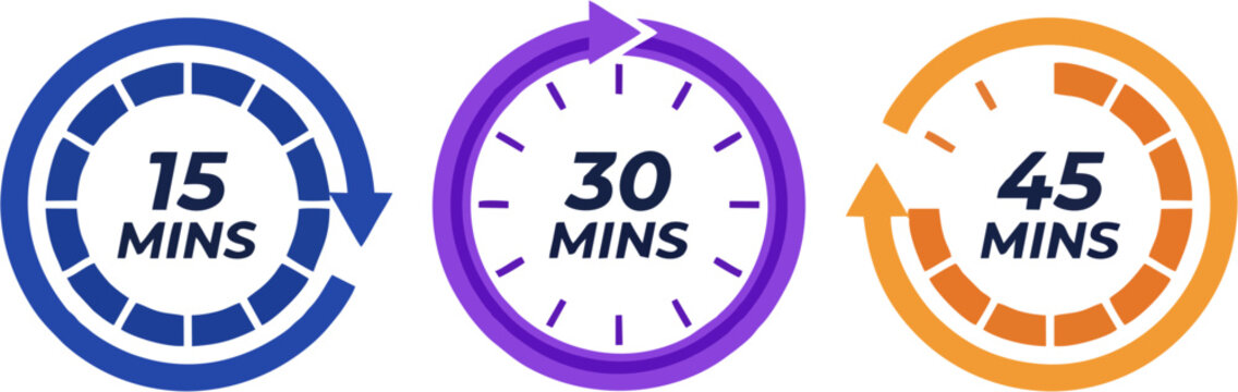 Circular Stopwatch Timer Icon Set &mdash; 15, 30 and 45 Minutes Countdown Clock with Arrow in Blue Purple and Orange Bold