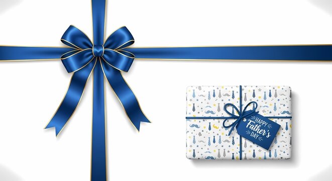 Wrapped gift box with blue ribbon and bow isolated on white background