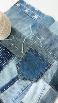 Handmade Patchwork Denim Background with Japanese Inspired Embroidery Details