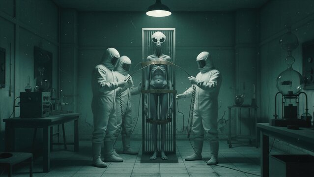 Scientists in hazmat suits examining restrained alien entity in eerie laboratory. UFO-inspired sci-fi scene with extraterrestrial specimen under surgical lights and lab equipment