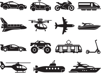 Obraz premium Transportation icons, vehicle silhouettes, 16 black graphics, cars, trucks, planes, boats, vector illustrations