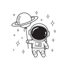 Chibi astronaut floating in space holding planet saturn balloon surrounded by sparkling little stars. © MdEashad