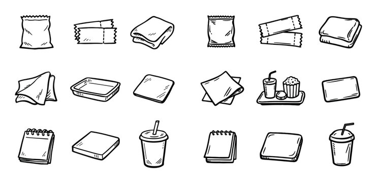 Packaging and food UI elements with napkin, tray and drink for mobile app design in outline style