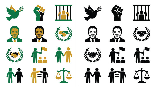 Collection of icons representing freedom, justice, equality, and human rights, including a dove, fist, prison bars, handshake, and scales of justice.