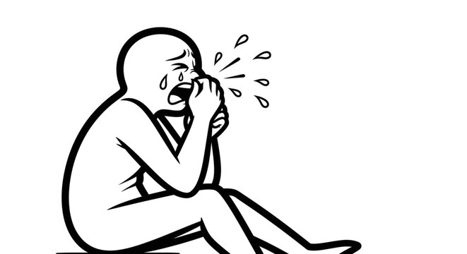 Simple black and white line drawing of a person sitting, hunched over, and crying intensely, expressing deep sadness and emotional distress.