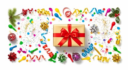 Fototapeta premium Wrapped gift box with ribbon surrounded by festive decorations on white