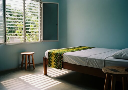 Simple bedroom interior with blue wall wooden bed and open window with sunlight shadows