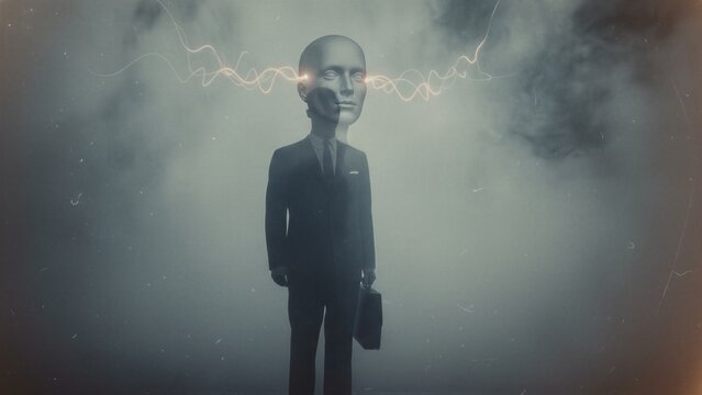 Alien businessman standing in fog with light waves emitting from head. Extraterrestrial in suit with briefcase representing paranormal contact. Science fiction concept of mysterious contact.