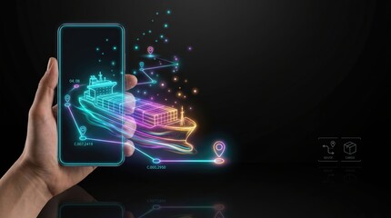 Fototapeta premium Hand holding smartphone displaying smart logistics and global shipping tracking system.
