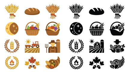 Set of harvest and autumn icons in color and silhouette, representing farming, food, and seasons. © Feldway