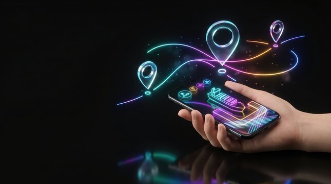 Hand holding smartphone with holographic navigation map and glowing location pins.