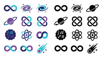 Collection of abstract symbols and icons representing infinity, galaxies, planets, atoms, and mathematical concepts. © Feldway