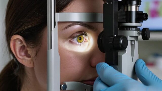 Closeup, woman and slit lamp in ophthalmology, eye exam or medical service in private clinic. Eyeball, led light or patient in glaucoma, assessment or technology to measure ocular, pressure or cornea