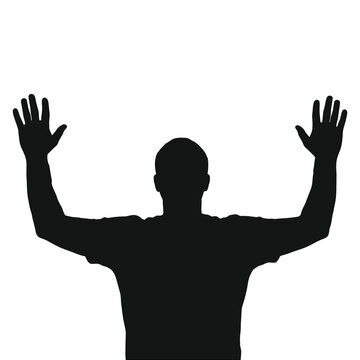 Silhouette of a man with arms raised isolated on white background