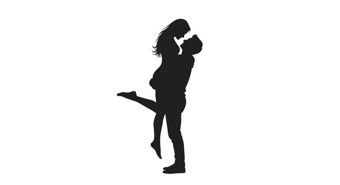 couple silhouette man lifting woman romantic pose on white background