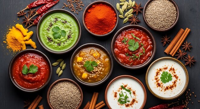 Assortment of Indian chutneys and spices in bowls on a black background