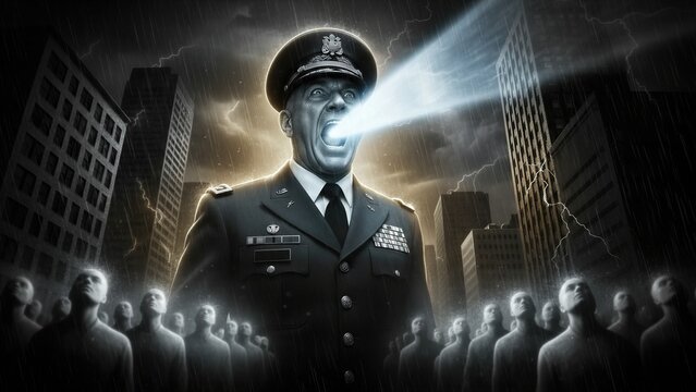 General in military uniform projecting a beam of light from mouth at a crowd in city. Alien possession concept. Science fiction horror scene with supernatural energy and paranormal event.