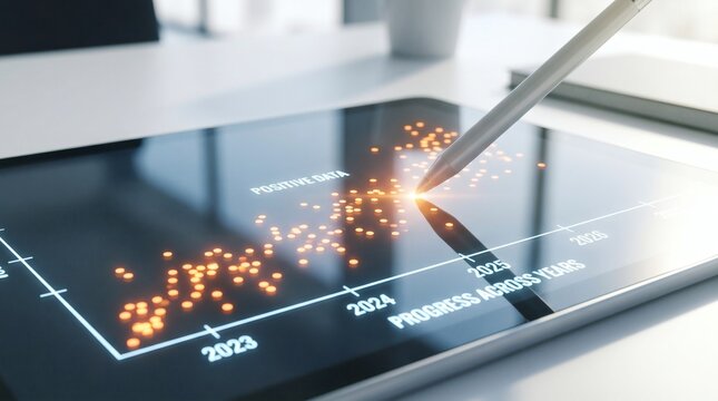 Digital tablet displaying a scatter plot graph with glowing orange data points and a stylus pointing to a specific data point, illustrating progress over years.