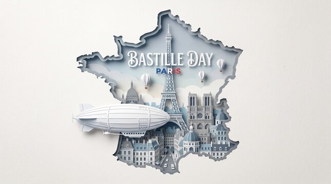Bastille day celebration design with france map and paris city landmarks like eiffel tower