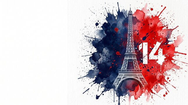 Eiffel tower in paris with artistic red and blue watercolor paint splash background design