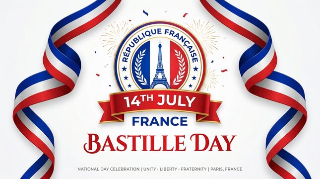 Bastille day celebration banner with french flag ribbons and eiffel tower emblem
