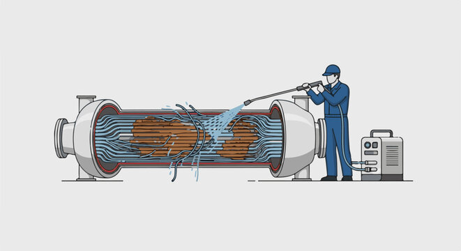 Maintenance worker pressure washing a clogged industrial heat exchanger