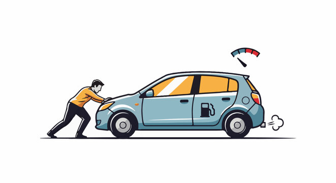 Man pushing a fuel-icon car with empty fuel gauge and exhaust