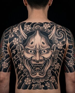 Japanese demon back tattoo with floral irezumi design