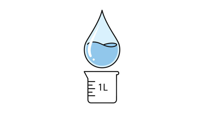 Illustration of a water drop falling into a laboratory beaker with volume markings for 1 liter, for science and education