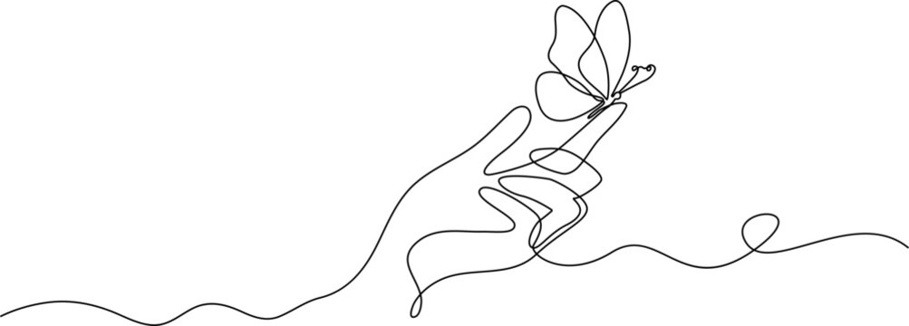 Continuous line drawing, hand with butterfly, minimalist art, black line on white