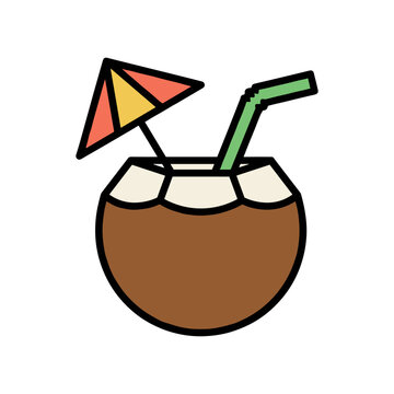 Fresh tropical coconut drink vector icon with tropical umbrella cocktail beverage vacation