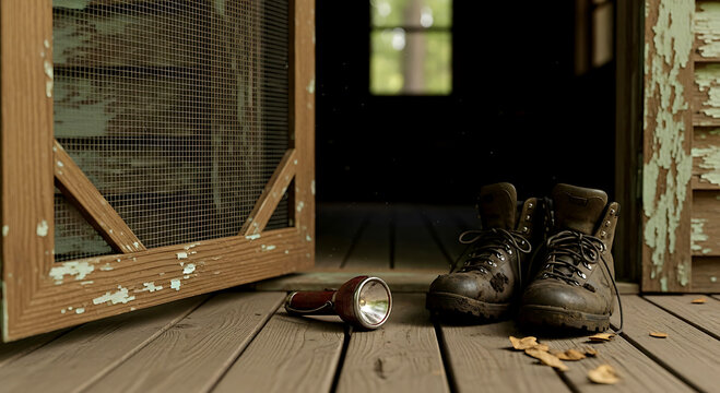 Black boots and a flashlight on a wooden porch outside a cabin at night