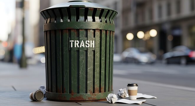 Urban Street Trash Bin with Litter and Disposable Coffee Cup in City Environment Concept of Waste Management