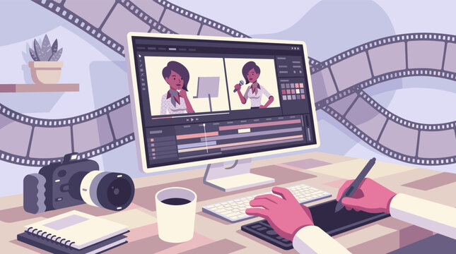 A video editor works on an animation project at a professional desktop workstation surrounded by film reels a camera and coffee
