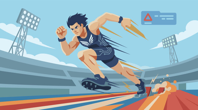 A muscular sprinter wearing a tech suit explodes off the starting block on a bright colorful stadium running track with speed lines