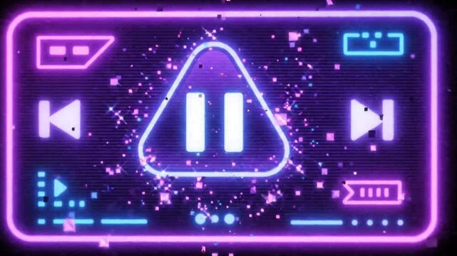 A retro arcade-inspired video player interface with pixel neon lights and glowing purple-blue effects, an animated cursor rapidly presses the play button and transforms it into a pause icon 