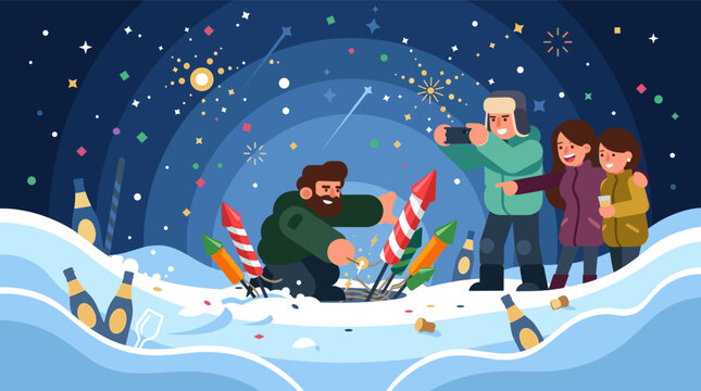 A group of friends light fireworks rockets in the snow on a colorful New Year's Eve night with champagne bottles scattered around
