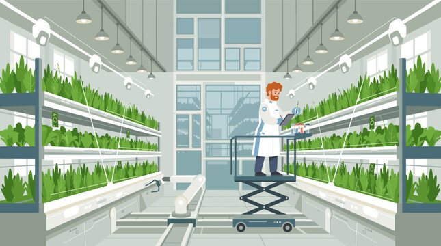 A scientist on a lift platform inspects lush green plants growing on vertical shelves in a bright high tech indoor vertical farm