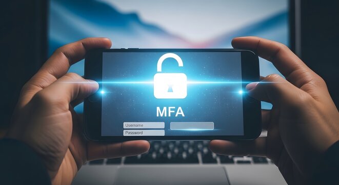 Businessman holding smartphone with multi factor authentication security lock icon on screen for cybersecurity data protection