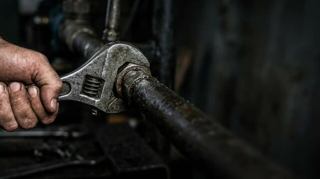 Close up plumber repairing metal pipe with adjustable wrench, industrial maintenance, plumbing service and repair work concept.