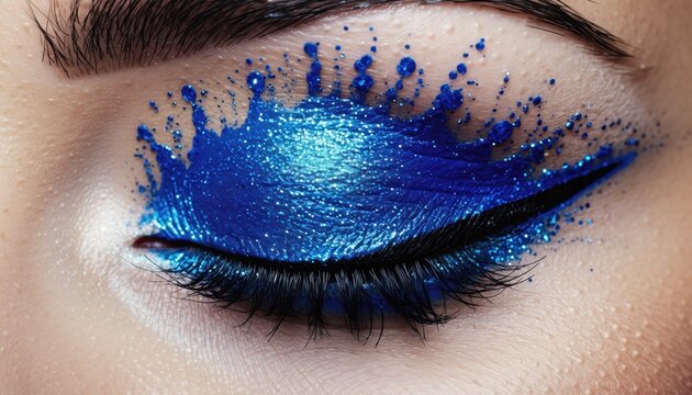 Extreme close up features vibrant blue glitter makeup splashing around the eyelid