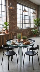Fototapeta premium Modern Industrial Loft Dining Area with Round Table and Large Windows