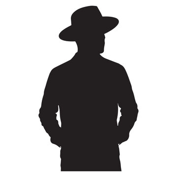 Silhouette of man wearing fedora hat with hands in pockets standing in front view isolated on white.
