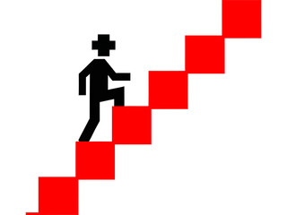 Obraz premium Person climbing red stairs with cross symbol