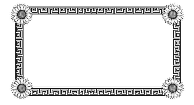 Decorative Rectangular Frame with Greek Key Pattern and Sunflowers.