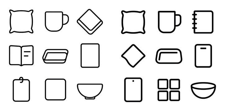 Household and kitchen design icons with pillow, cup and bowl for home decor presentation in minimal outline style